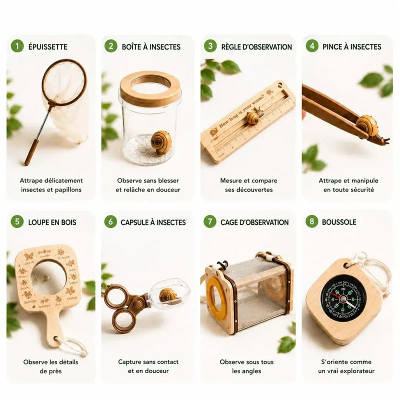 Kit Insectes Enfant en Bois – 8 Outils Montessori Nature