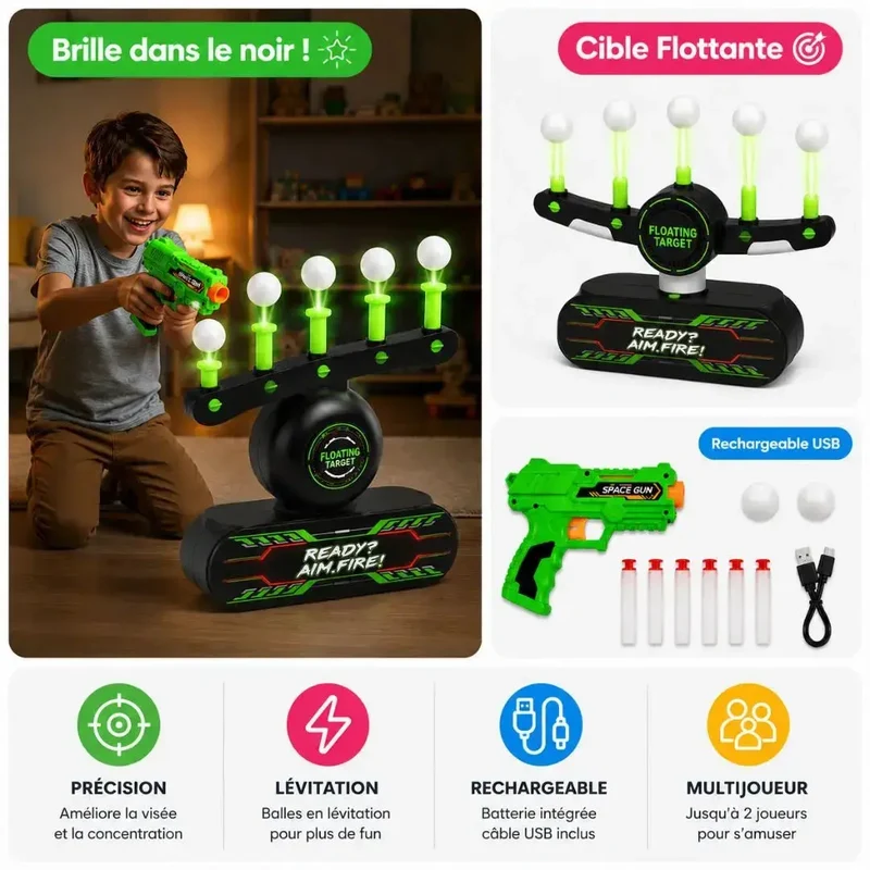Jeu de Tir Enfant Cible Flottante – Balles en Lévitation Néon