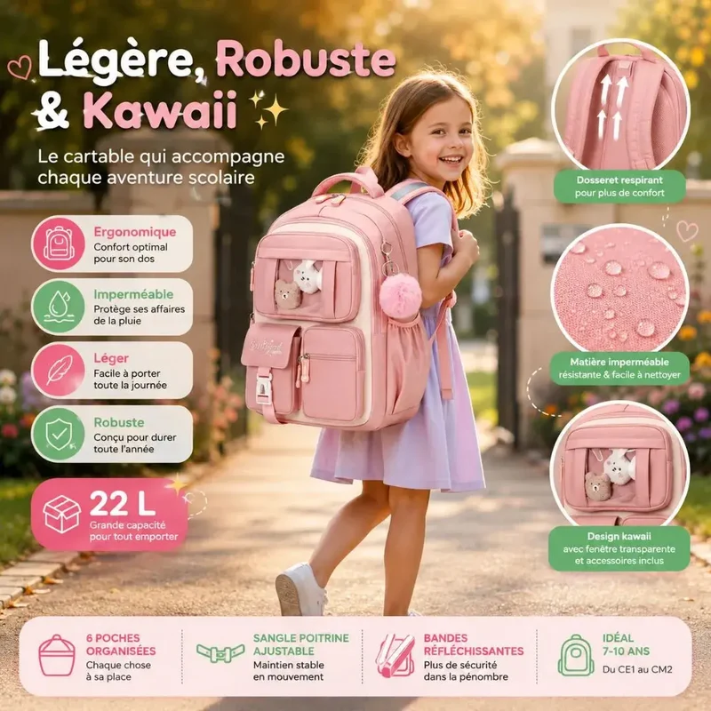 Cartable Fille Primaire Kawaii – Sac à Dos Ergonomique CE1-CM2