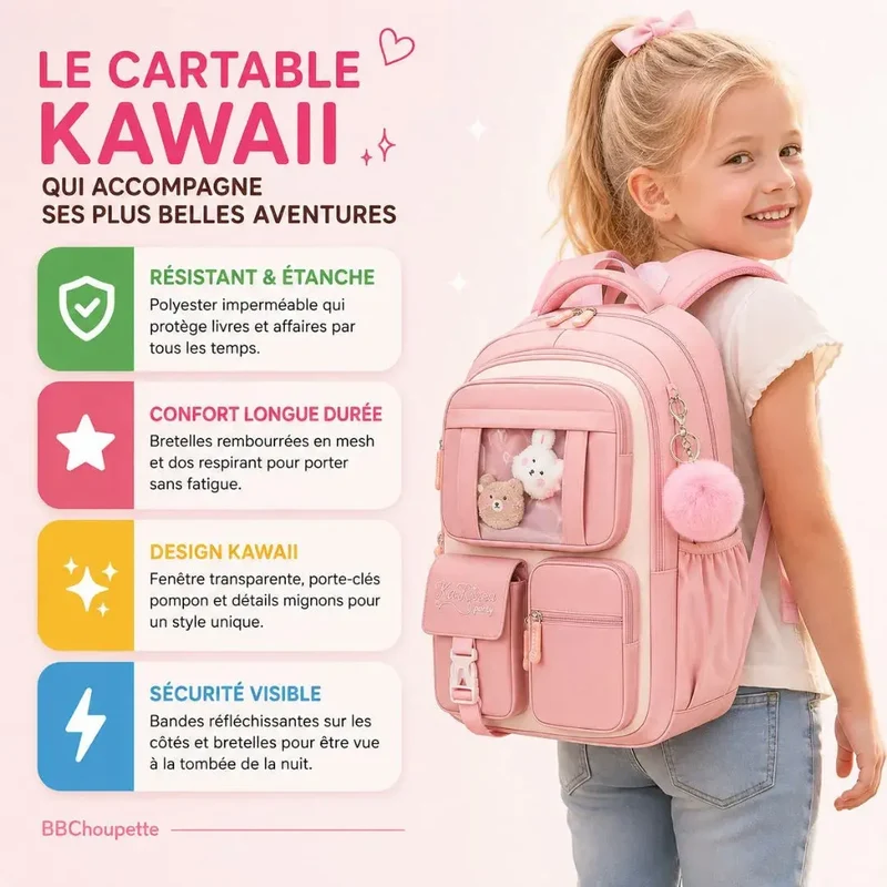 Cartable Fille Primaire Kawaii – Sac à Dos Ergonomique CE1-CM2