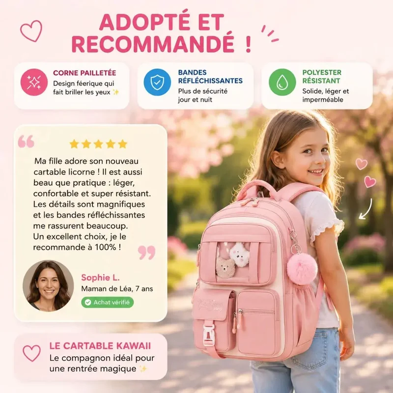 Cartable Fille Primaire Kawaii – Sac à Dos Ergonomique CE1-CM2