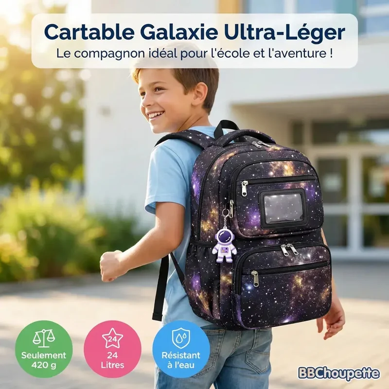 Cartable Garçon Galaxie Ultra-Léger 24L – Sac à Dos École Primaire