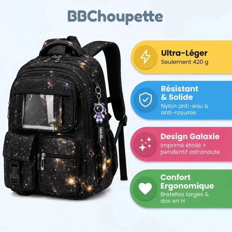 Cartable Garçon Galaxie Ultra-Léger 24L – Sac à Dos École Primaire