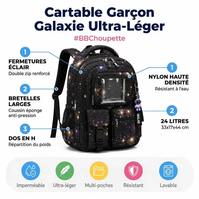 Cartable Garçon Galaxie Ultra-Léger 24L – Sac à Dos École Primaire