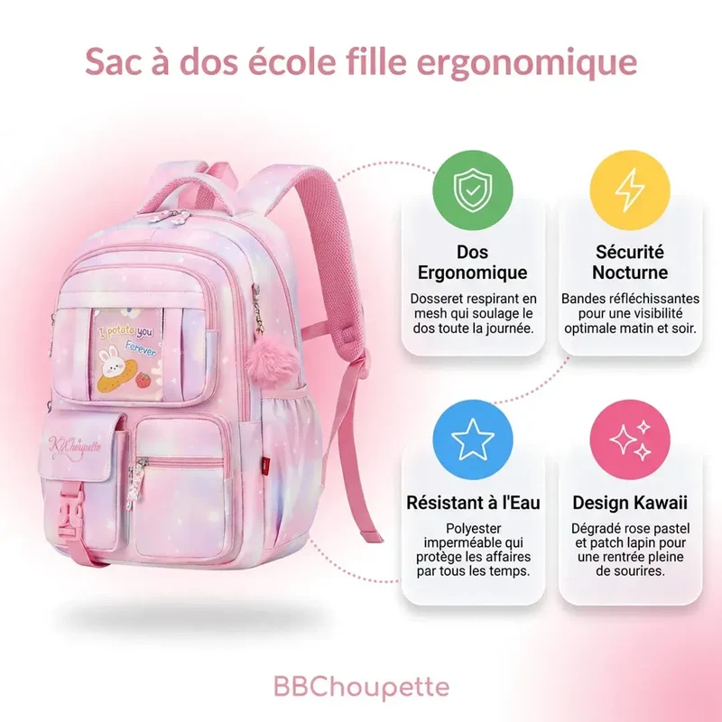 Sac à Dos École Fille Ergonomique – Bandes Réfléchissantes