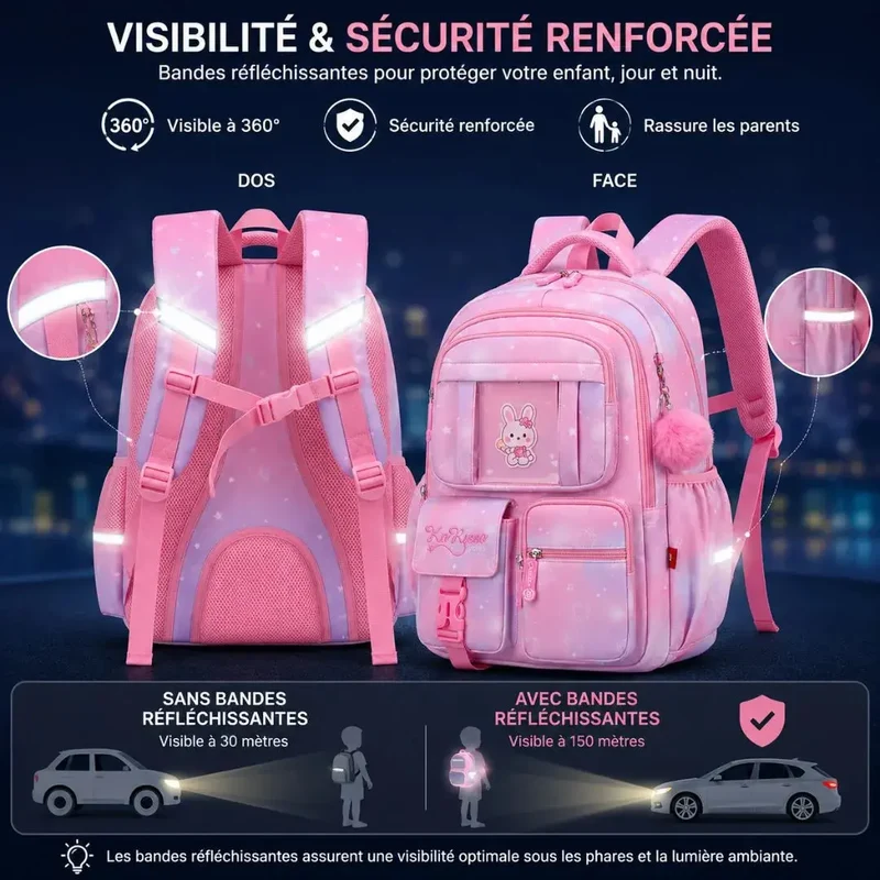Sac à Dos École Fille Ergonomique – Bandes Réfléchissantes
