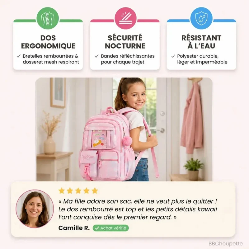 Sac à Dos École Fille Ergonomique – Bandes Réfléchissantes