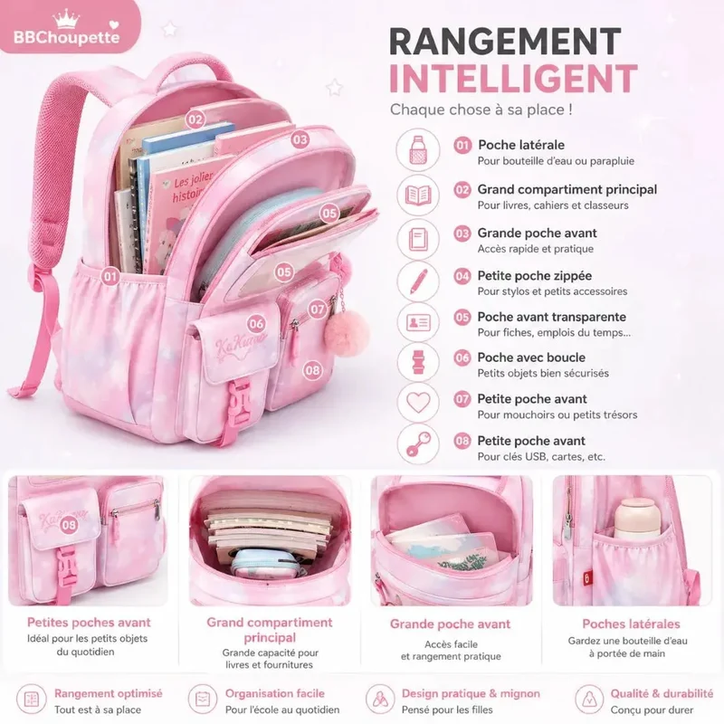 Sac à Dos École Fille Ergonomique – Bandes Réfléchissantes