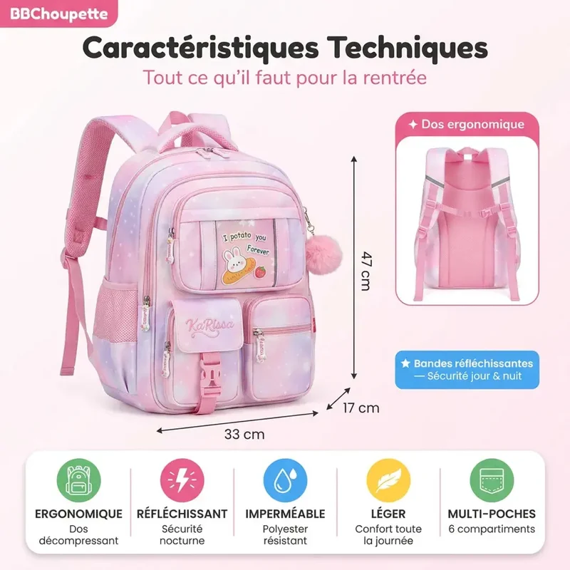 Sac à Dos École Fille Ergonomique – Bandes Réfléchissantes