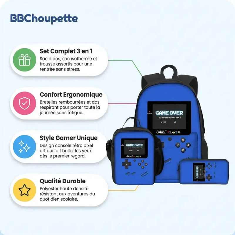 Sac à Dos Scolaire 3 en 1 Style Console Gamer