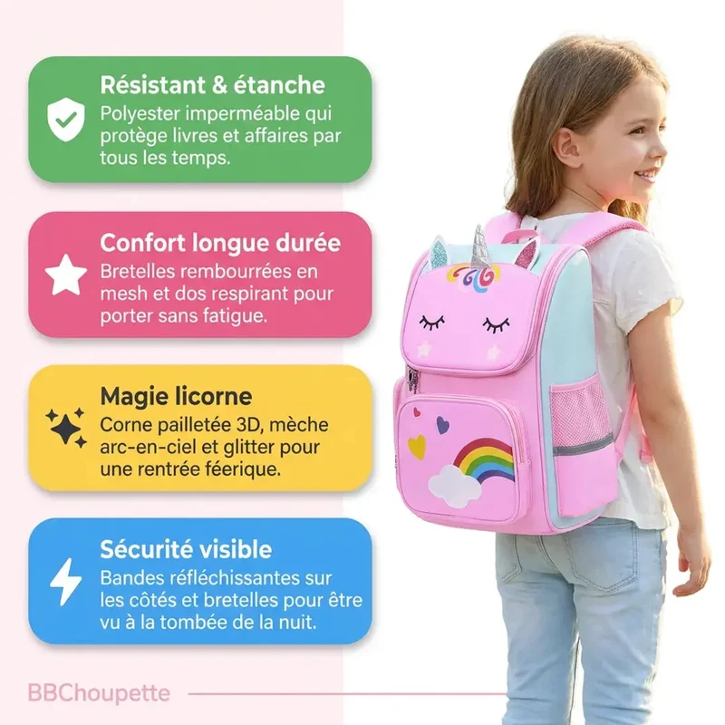 Cartable Licorne Fille Primaire – Sac à Dos Arc-en-Ciel Imperméable