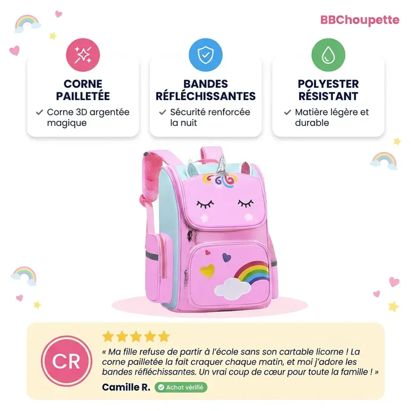 Cartable Licorne Fille Primaire – Sac à Dos Arc-en-Ciel Imperméable