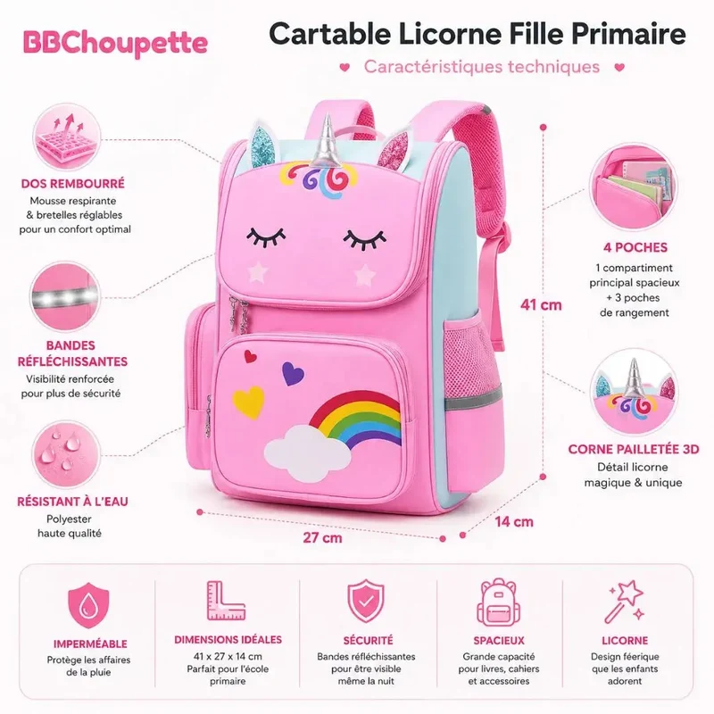 Cartable Licorne Fille Primaire – Sac à Dos Arc-en-Ciel Imperméable