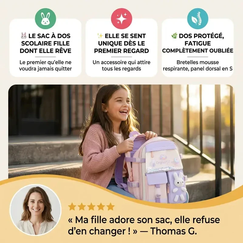 Sac à Dos Scolaire Fille Kawaii – Peluche Lapin
