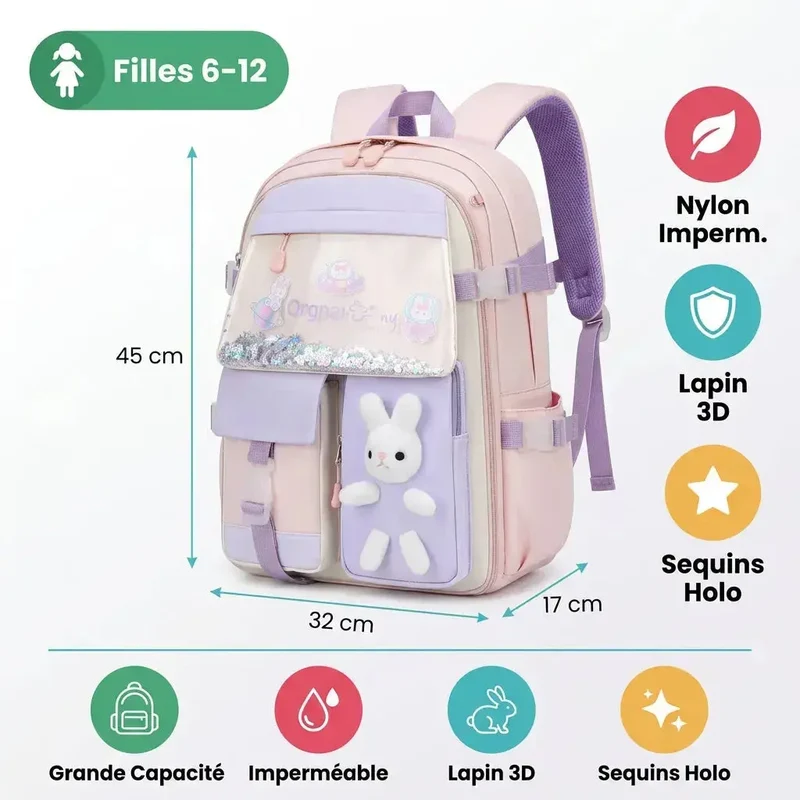 Sac à Dos Scolaire Fille Kawaii – Peluche Lapin