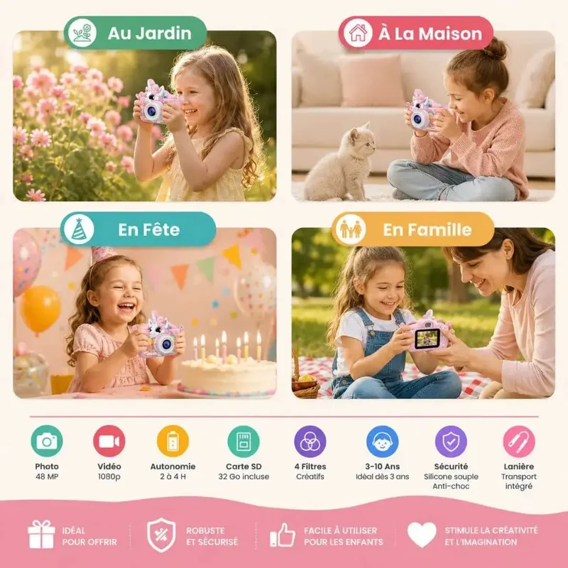 Appareil Photo Enfant Licorne – Caméra Numérique HD avec Double Objectif