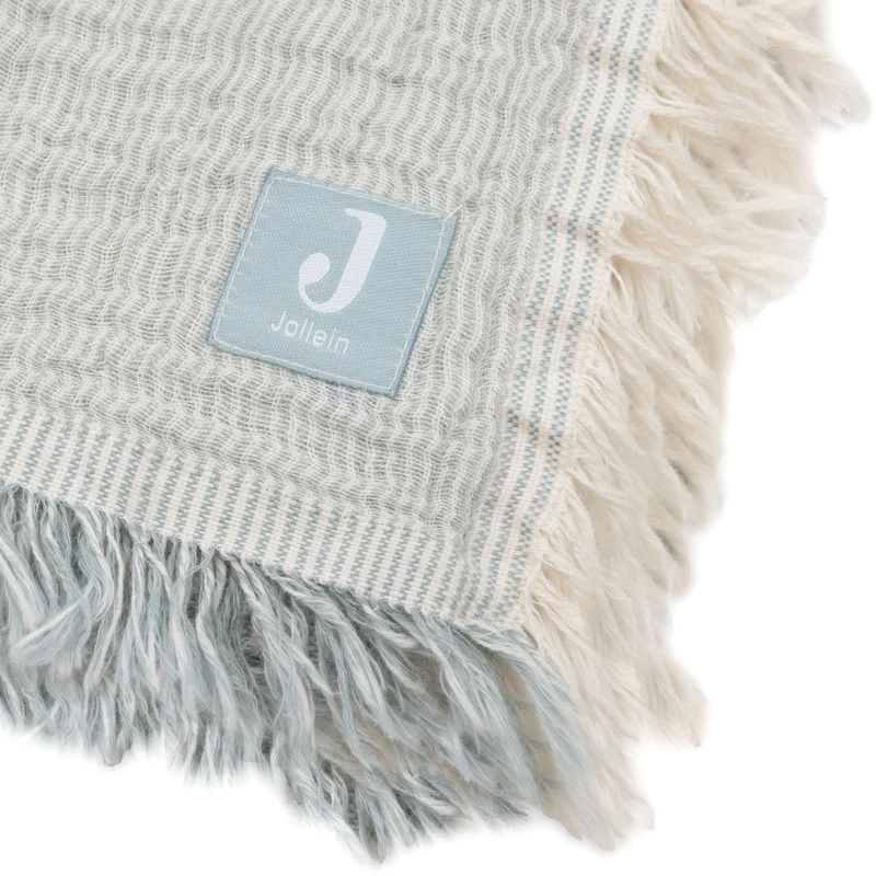 Grande couverture gaze de coton Fringe Stripe Sea Green Ivory 120x120cm