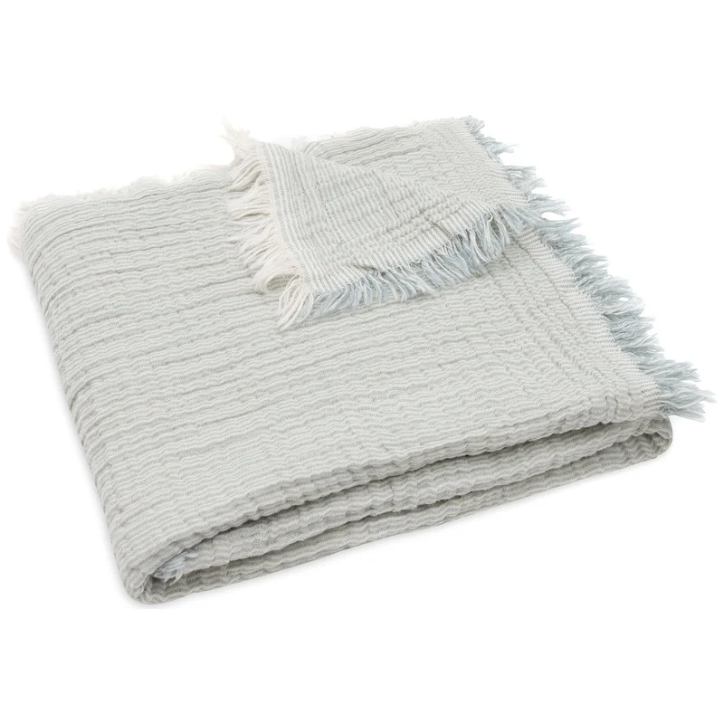 Grande couverture gaze de coton Fringe Stripe Sea Green Ivory 120x120cm