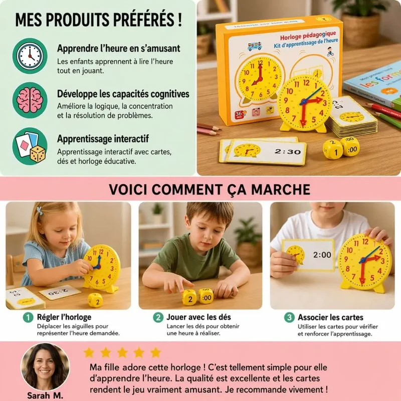 Horloge Éducative Enfant – Kit Montessori – Cartes Puzzle – Dès 3 Ans