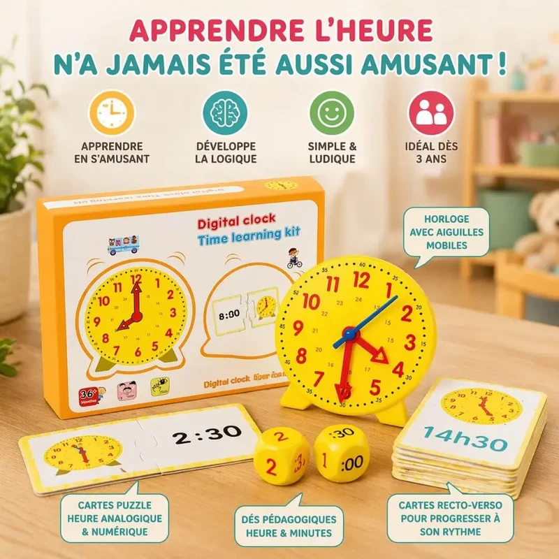 Horloge Éducative Enfant – Kit Montessori – Cartes Puzzle – Dès 3 Ans