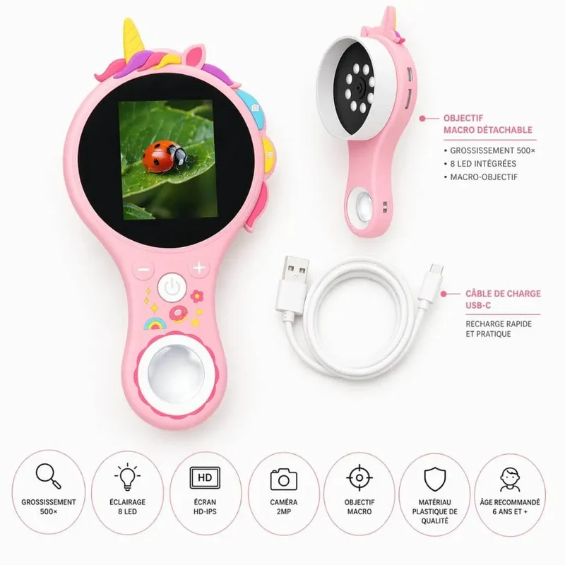 Microscope Portable Enfant – Écran HD – Zoom x500 – Dès 6 Ans