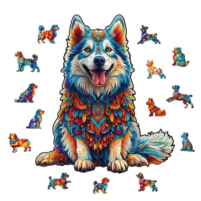 Puzzle Bois Chien Husky Coloré