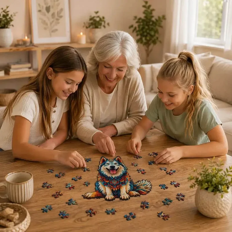 Puzzle Bois Chien Husky Coloré
