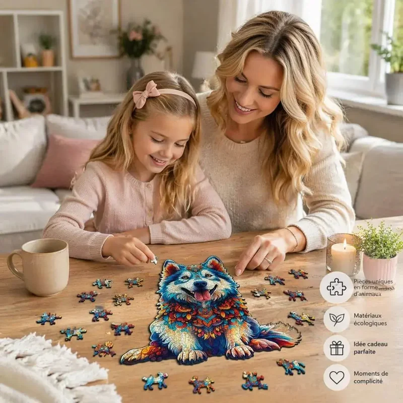 Puzzle Bois Chien Husky Coloré