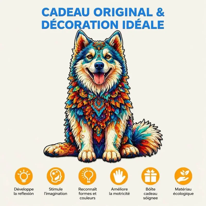 Puzzle Bois Chien Husky Coloré
