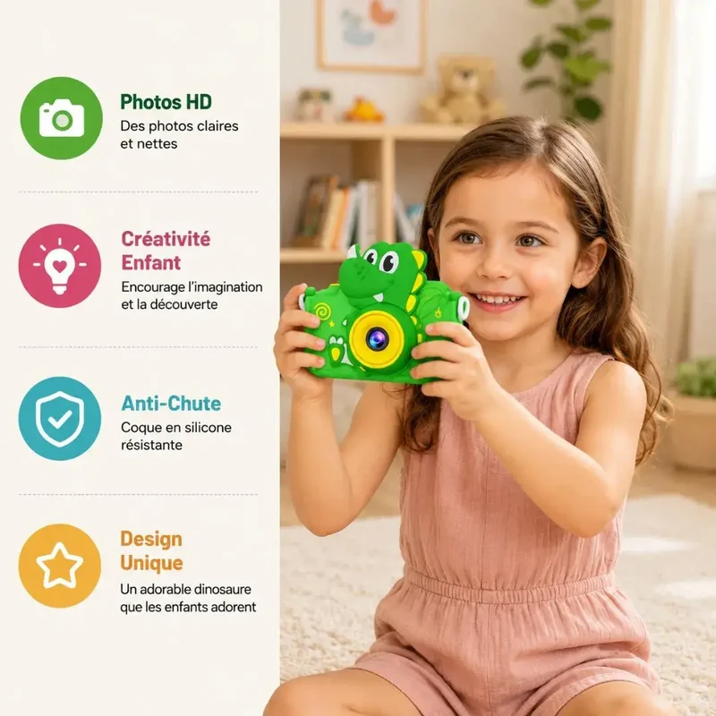 Appareil Photo Enfant 4 Ans – Design Dinosaure HD – Vert
