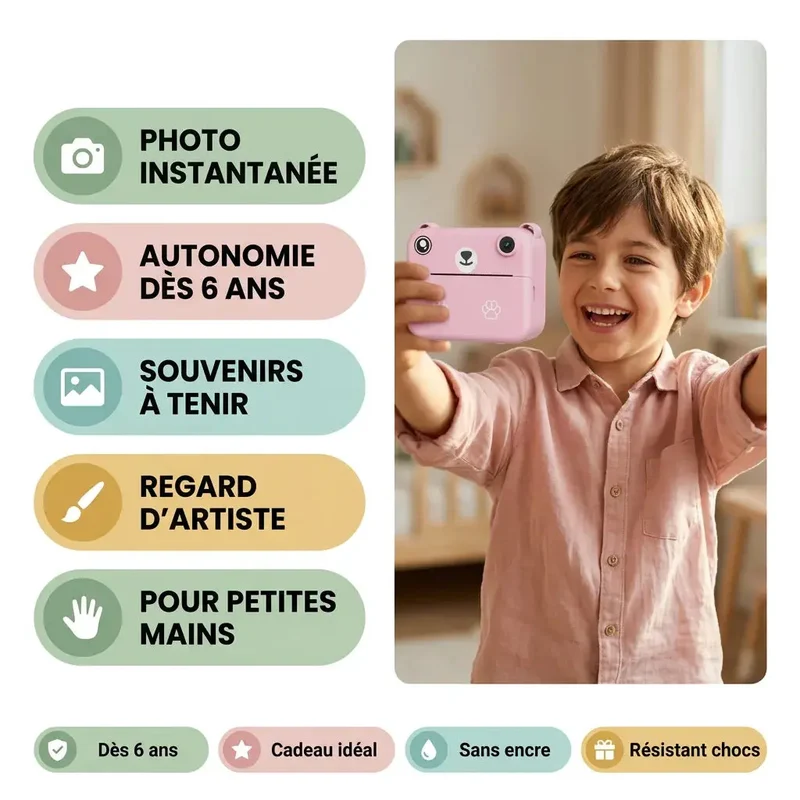 Appareil Photo Enfant Instantané – Impression Thermique – Objectif 180°