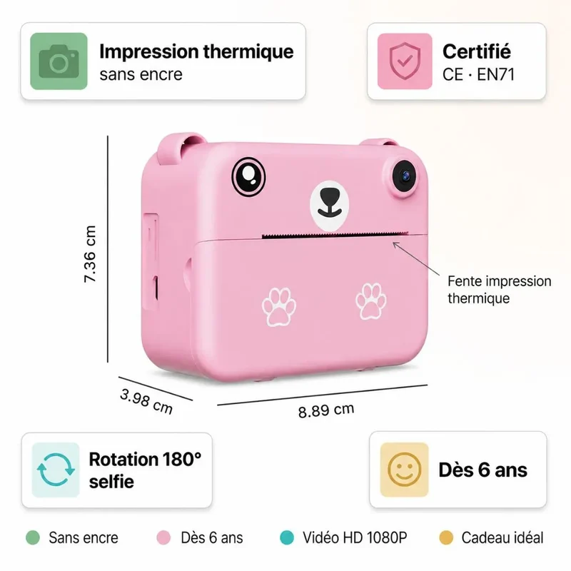 Appareil Photo Enfant Instantané – Impression Thermique – Objectif 180°