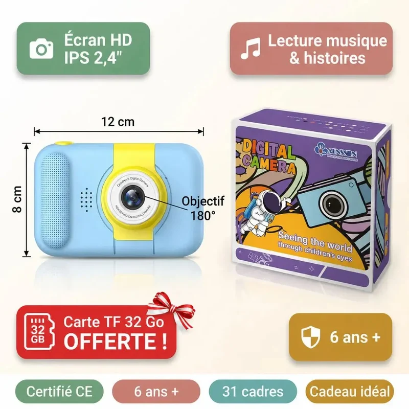 Appareil Photo Enfant Numérique – Objectif 180° et Cadres Amusants