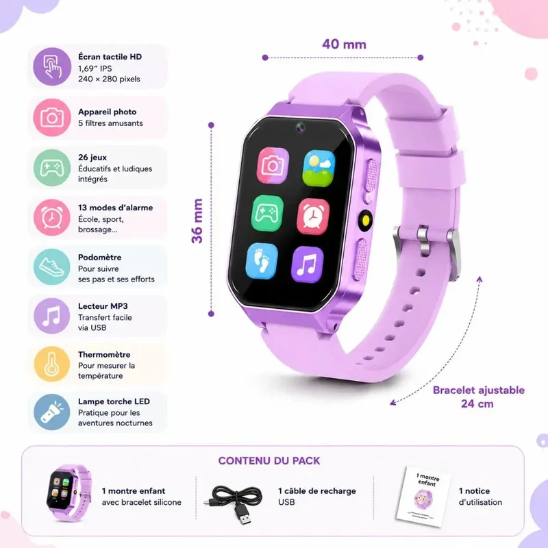 Montre Intelligente Enfant – Écran Tactile HD 26 Jeux & IP67