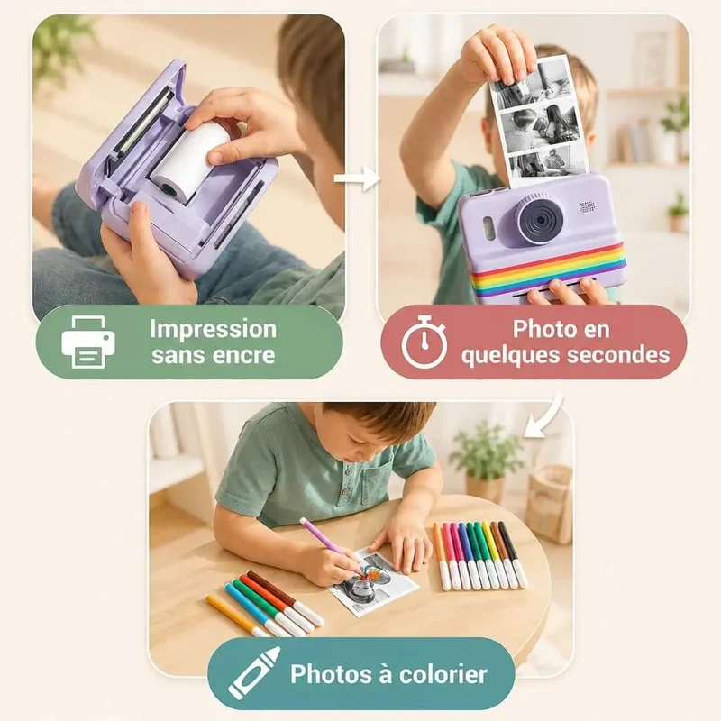 Appareil Photo Imprimante Enfant - Impression Instantanée Sans Encre