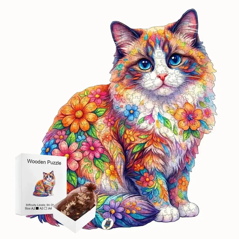 Puzzle Bois Chat Floral – Puzzle Coloré en Bois
