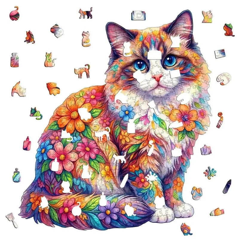 Puzzle Bois Chat Floral – Puzzle Coloré en Bois