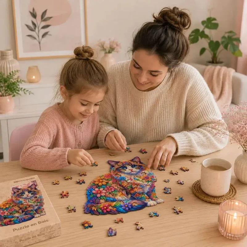 Puzzle Bois Chat Floral – Puzzle Coloré en Bois