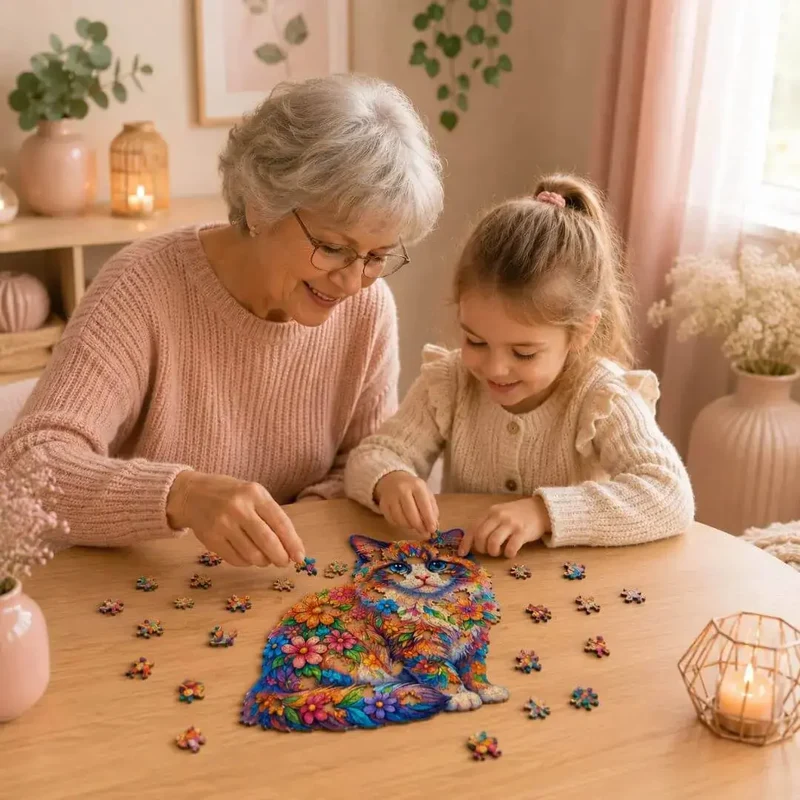 Puzzle Bois Chat Floral – Puzzle Coloré en Bois