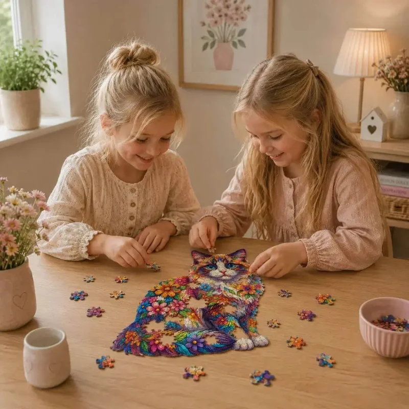 Puzzle Bois Chat Floral – Puzzle Coloré en Bois