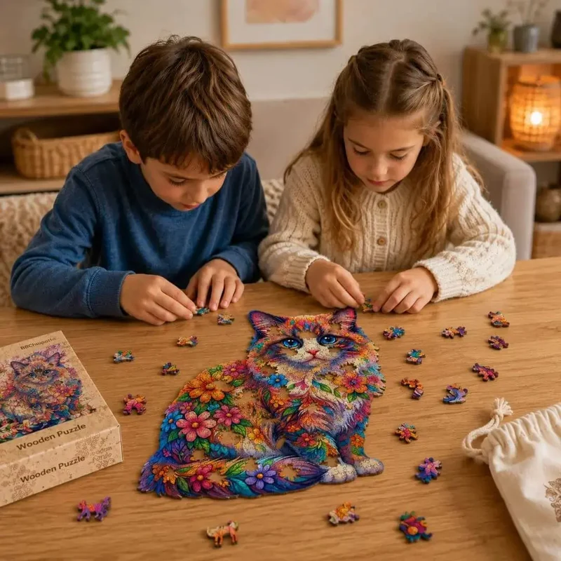 Puzzle Bois Chat Floral – Puzzle Coloré en Bois