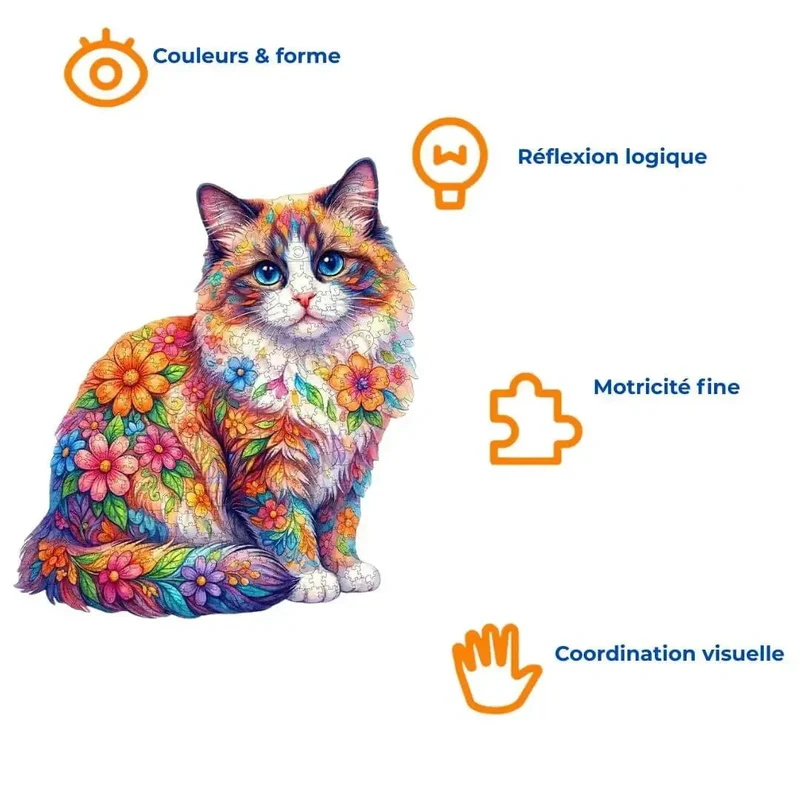 Puzzle Bois Chat Floral – Puzzle Coloré en Bois