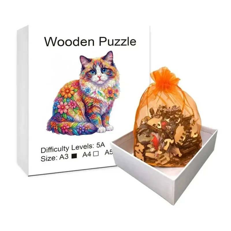 Puzzle Bois Chat Floral – Puzzle Coloré en Bois