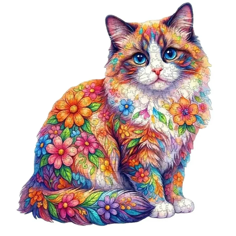 Puzzle Bois Chat Floral – Puzzle Coloré en Bois
