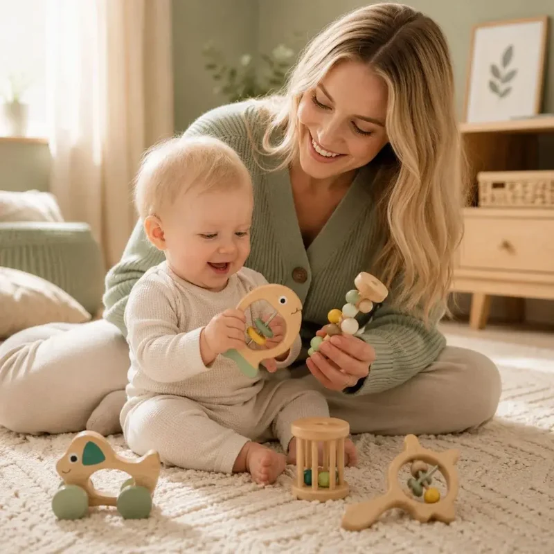 Hochets Montessori Bébé Bois & Silicone – Kit Éveil