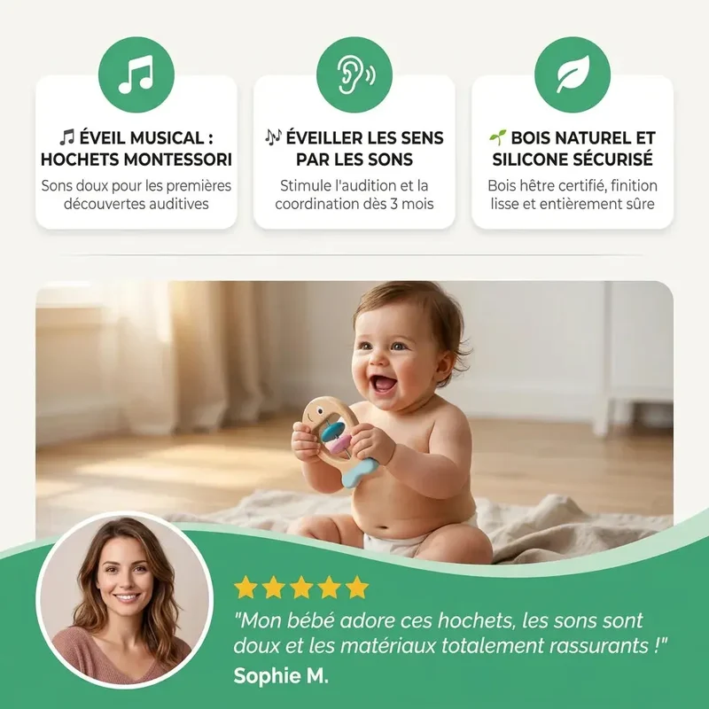 Hochets Montessori Bébé Bois & Silicone – Kit Éveil