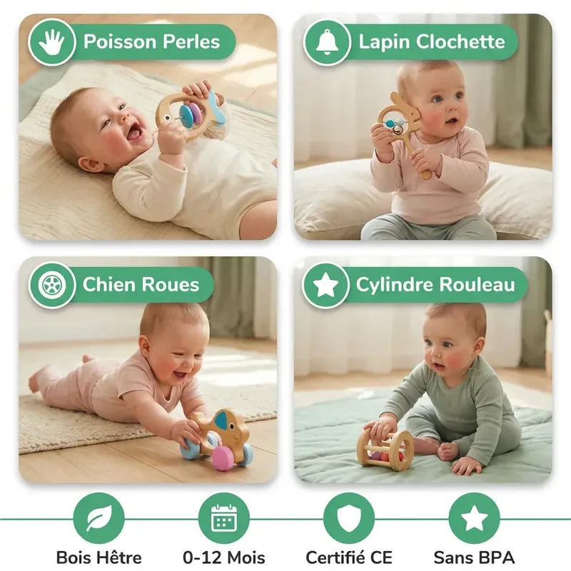 Hochets Montessori Bébé Bois & Silicone – Kit Éveil