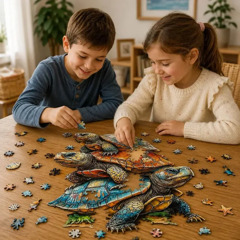 Puzzle Bois Tortues Océanes Colorées