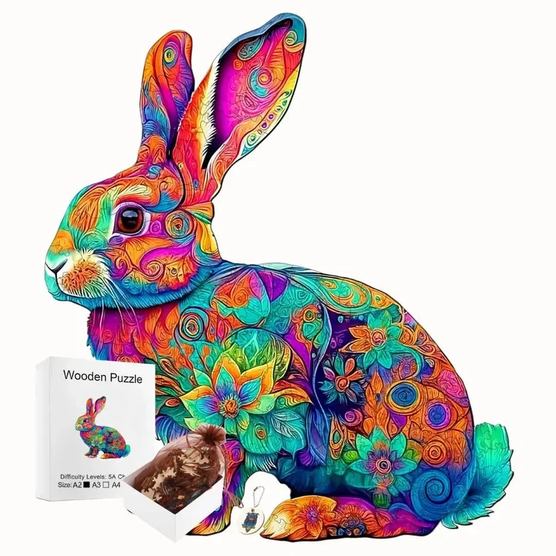 Puzzle Bois Lapin Mandala Coloré – Pièces Uniques