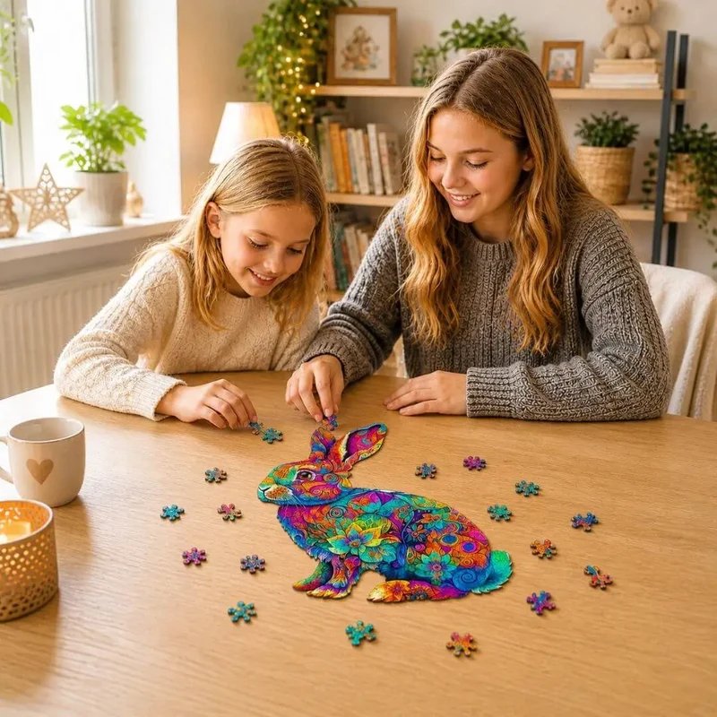 Puzzle Bois Lapin Mandala Coloré – Pièces Uniques